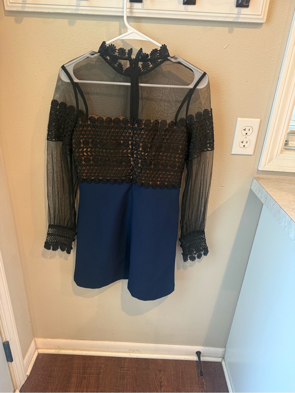 Self-Portrait Sheer Lace Yoke Navy Mini Dress - Picture 6 of 9
